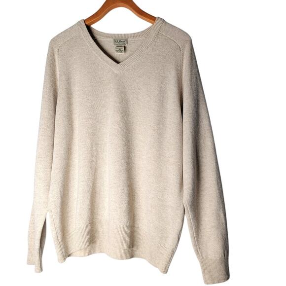 LL Bean Lambswool Sweater L V-Neck Pullover Wool Beige Outdoor Gorpcore Cozy - Picture 2 of 10